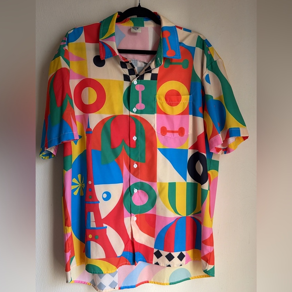 Retro Art Teacher Hawaiian Shirt L Memphis Style Modern Abstract AOP Geometric - Picture 3 of 9
